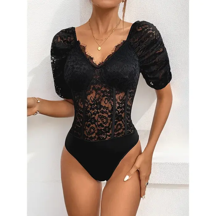 Benuynffy – Nouveau body sexy noir élégant à col en V et manches bouffantes en dentelle pour femme