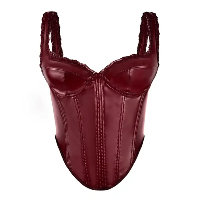 Rouge noir couleurs Pu cuir dentelle bord bandoulière haut pour femme gaine amincissante coupe ajustée arête de poisson hauts de soutien-gorge