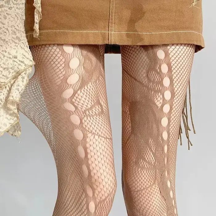Collants français romantiques en maille creuse pour femmes, bas Sexy en résille cassée, Rose vigne, 