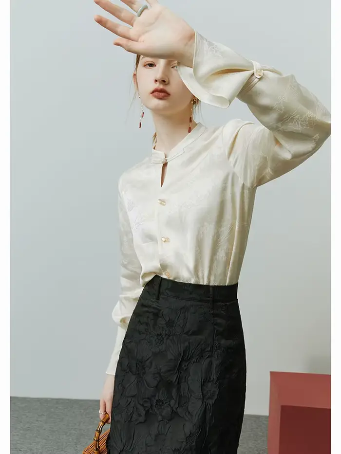 FSLE-Chemise boutonnée à l'acide acétique pour femme, style chinois, impression de peinture de paysa