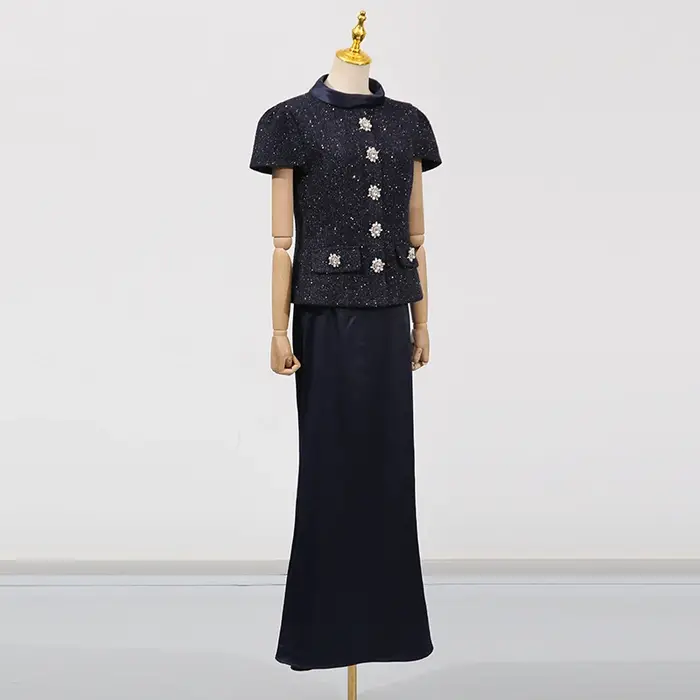 KBQ minceur deux pièces ensemble pour femmes col montant manches courtes épissé simple boutonnage haut taille haute jupe