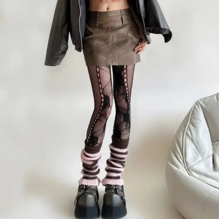 Collants français romantiques en maille creuse pour femmes