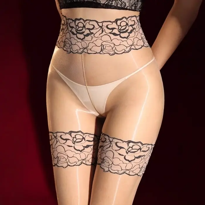 Une pièce contraste couleur dentelle Patchwork collants 3D huile brillant cuisse haute bas femmes Sexy Transparent