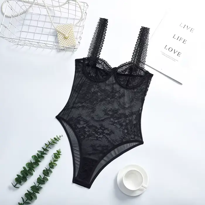 Body en dentelle transparente femmes broderie florale Transparent Teddy Lingerie une pièce corps