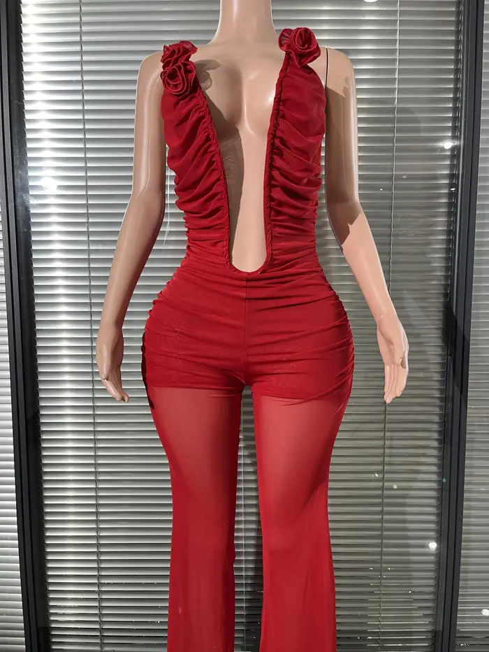 Couleur rouge femmes Sexy licou hors de l'épaule froncé maille moulante combinaison célébrer mode di