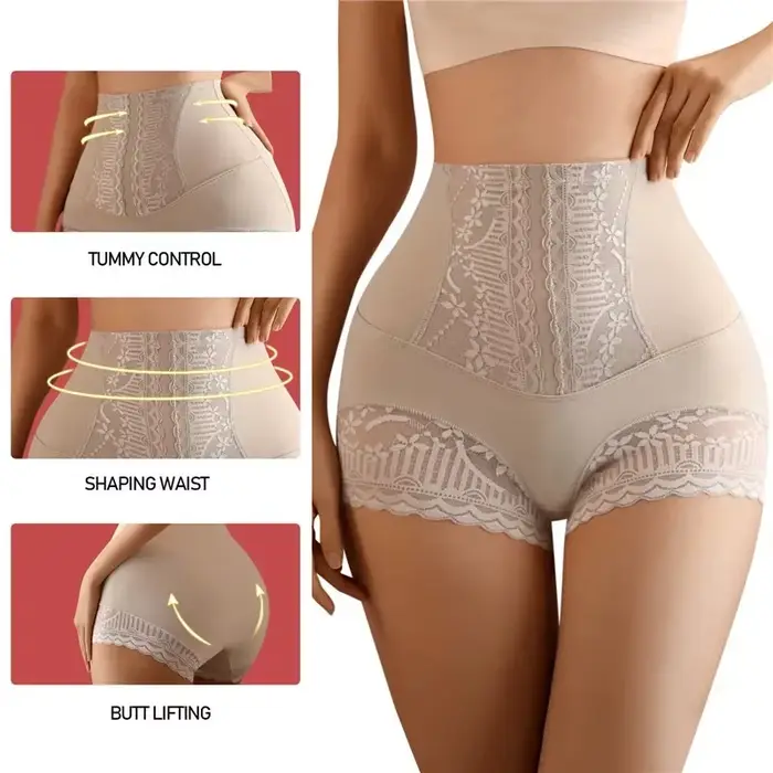 Femmes sans couture taille haute ventre contrôle Shorts culottes avec dentelle garniture