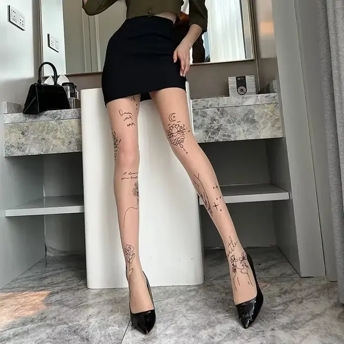 Collants Sexy pour femmes, avec tatouages à motifs, Inscriptions de fleurs, lettres, bas noirs fins