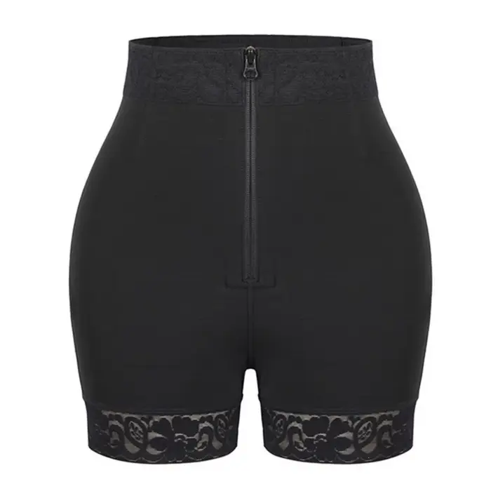 Shorts de compression taille haute sans couture à fermeture éclair sur le devant, effet remonte-fess