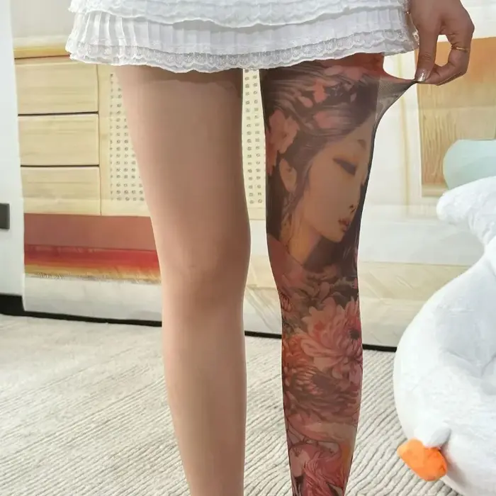Collants imprimés Sexy pour femmes faux tatouage pivoine