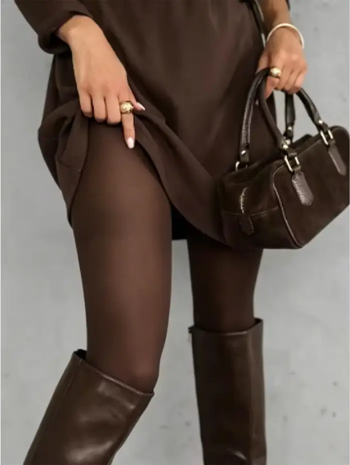 Collants opaques marron café pour femmes, épaisseur moyenne, haute extensibilité, couleur unie, avec