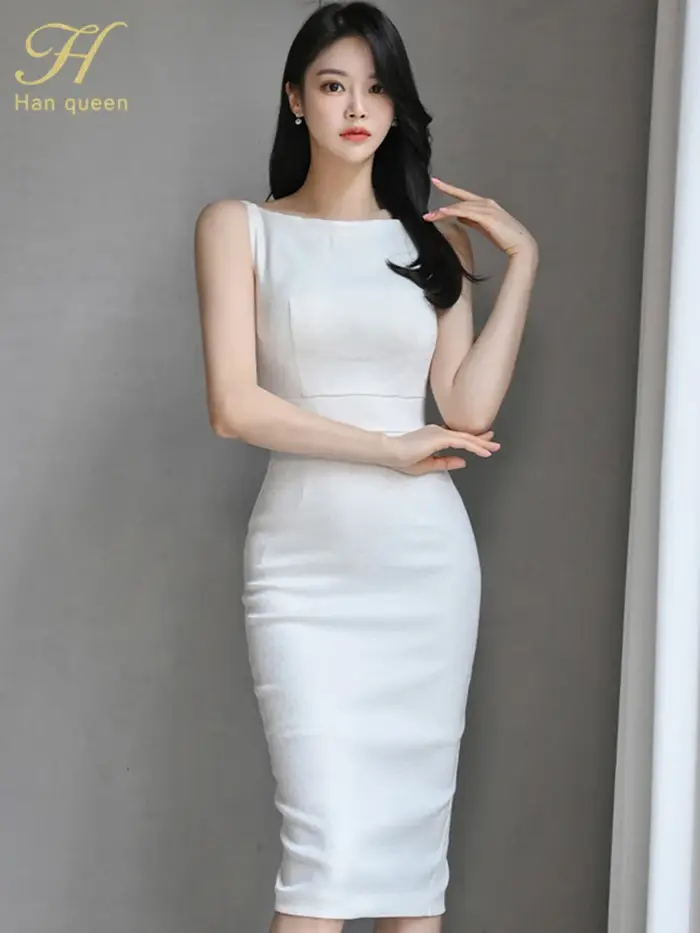 H Han Queen nouvelle femme vêtements mince blanc gaine crayon robe d'été bureau fête robes élégantes pour les femmes mode Vestido