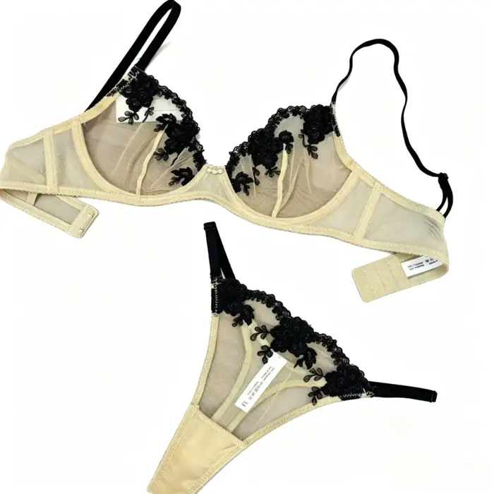 Ensemble soutien-gorge et culotte en dentelle ultra fine brodée pour femmes