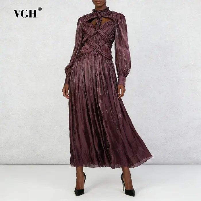 VGH Design Sense Folds Robes amincissantes ajourées pour femmes, col rond, manches longues, taille h