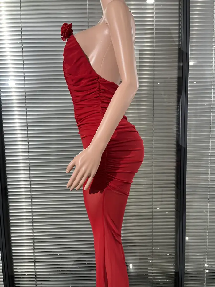 Couleur rouge femmes Sexy licou hors de l'épaule froncé maille moulante combinaison célébrer mode discothèque fête fêtes d'anniversaire